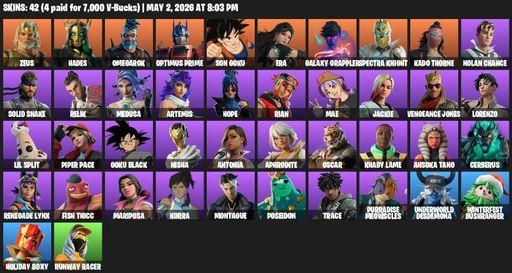 [PC/PSN/XBOX] | 42 skins | 1050 V-bucks | Zeus | Hades | Omegarok | Optimus Prime | Son Goku | Era | Galaxy Grappler | Spectra Knight | Kado Thorne | Full Access