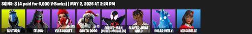 [PC/XBOX] | 8 skins | Sultura | Felina | Yulejacket | Santa Dogg | Spider-Man (Miles Morales) | Slayer Juice WRLD | Polar Peely | Krisabelle | Full Access