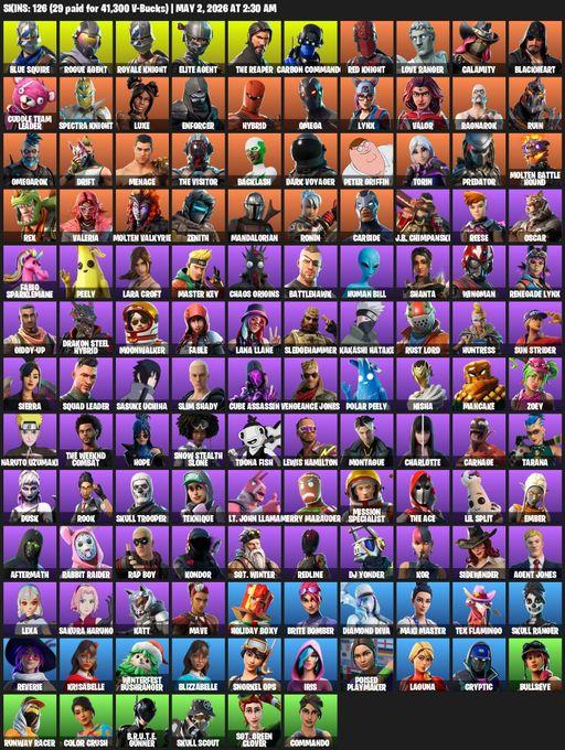 [PC/PSN/XBOX] | 126 skins | Leviathan Axe | Take The L | Royale Knight | The Reaper | Elite Agent | Blue Squire | Omega | Lara Croft | Rogue Agent | Full Access