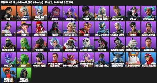 [PC/PSN/XBOX] | 42 skins | 800 V-bucks | Era | Mizuki | Renzo the Destroyer | Imani | Valentina | Trace | Lt. Ripp Slade | Killswitch | Stray | Full Access