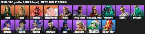 [PC/PSN/XBOX] | 18 skins | Hades | Zeus | Valeria | Peter Griffin | Oscar | Solid Snake | Vengeance Jones | Cerberus | Nisha | Poseidon | Artemis | Full Access