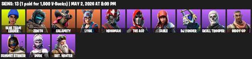[PC] | 13 skins | Blue Team Leader | Zenith | Calamity | Lynx | Wingman | The Ace | Fable | DJ Yonder | Skull Trooper  | Giddy-up | Summit Striker | Full Access