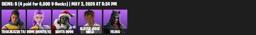 [PC/PSN/XBOX] | 5 skins | 700 V-bucks | Trailblazer Tai | Rumi (HUNTR/X) | Santa Dogg | Slayer Juice WRLD | Felina | Frosted Frets | Full Access