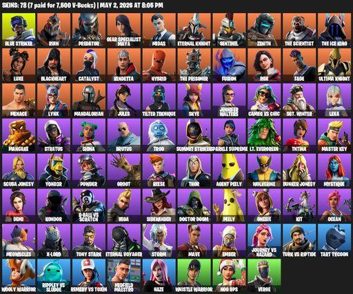 [PC/XBOX] | 78 skins | 2200 V-bucks | Blue Striker | Ruin | Predator | Gear Specialist Maya | Midas | Eternal Knight | Sentinel | Zenith | Full Access
