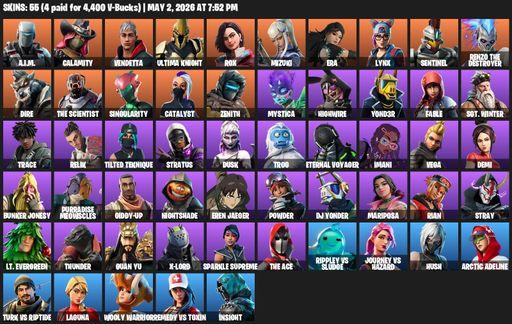 [PC/PSN] | 55 skins | 1300 V-bucks | A.I.M. | Calamity | Vendetta | Ultima Knight | Rox | Mizuki | Era | Lynx | Sentinel | Renzo the Destroyer | Dire | Full Access