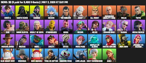 [PC/PSN/XBOX] | 38 skins | 500 V-bucks | Chun-Li | Darth Vader | Xander | Nezumi | The Ageless | Snap | All Might | Paradigm (Reality-659) | Malik | Full Access