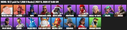 [PC/PSN/XBOX] | 18 skins | 2000 V-bucks | Peter Griffin | Valeria | Hope | Vengeance Jones | Santa Dogg | Montague | Yulejacket | Geralt of Rivia | Full Access
