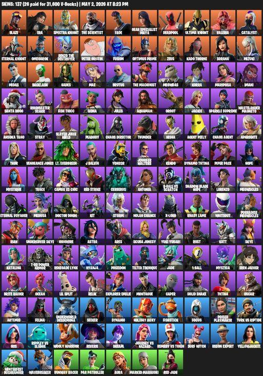 [PC/XBOX] | 137 skins | Merry Mint Axe | Blaze | Era | Spectra Knight | The Scientist | Fade | Gear Specialist Maya | Deadpool | Ultima Knight | Full Access