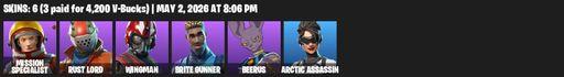 [PC/PSN/XBOX] | 6 skins | 650 V-bucks | Take The L | Mission Specialist | Rust Lord | Wingman | Brite Gunner | Beerus | Arctic Assassin | Full Access