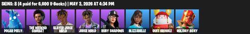 [PC/XBOX] | 8 skins | Polar Peely | The Weeknd Combat | Slayer Juice WRLD | Juice WRLD | Ruby Shadows | Blizzabelle | Guff Gringle | Holiday Boxy | Full Access