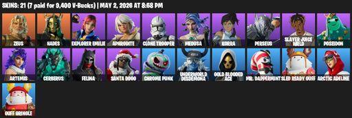 [PC/PSN/XBOX] | 21 skins | Zeus | Hades | Explorer Emilie | Aphrodite | Clone Trooper | Medusa | Korra | Perseus | Slayer Juice WRLD | Poseidon | Full Access