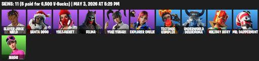 [PC/XBOX] | 11 skins | 500 V-bucks | Slayer Juice WRLD | Santa Dogg | Yulejacket | Felina | Yuki Yubari | Explorer Emilie | Tectonic Komplex | Full Access