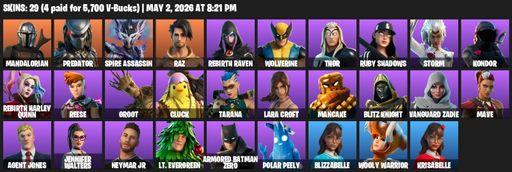 [PC/PSN/XBOX] | 29 skins | 850 V-bucks | Lara Croft | Mandalorian | Predator | Spire Assassin | Raz | Rebirth Raven | Wolverine | Thor | Ruby Shadows | Full Access