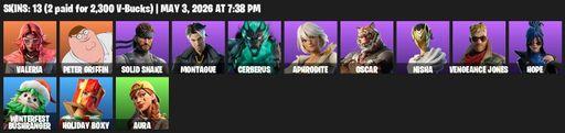 [PC/XBOX] | 13 skins | Valeria | Peter Griffin | Solid Snake | Montague | Cerberus | Aphrodite | Oscar | Nisha | Vengeance Jones | Hope | Full Access