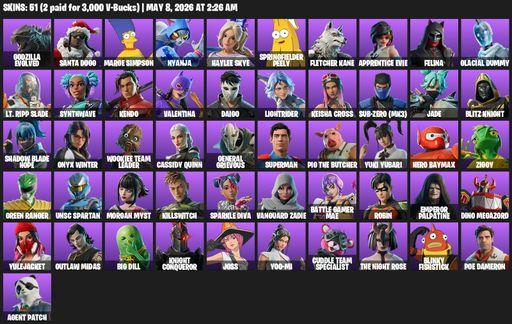 [PC/PSN/XBOX] | 51 skins | 700 V-bucks | Godzilla Evolved | Santa Dogg | Marge Simpson | Nyanja | Haylee Skye | Springfielder Peely | Fletcher Kane | Full Access