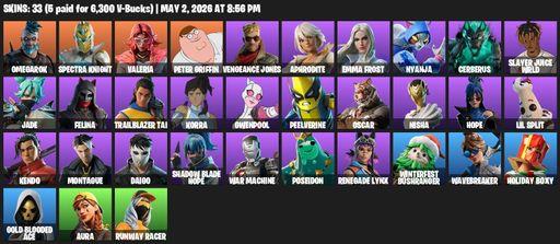 [PC/XBOX] | 33 skins | 700 V-bucks | Reaper Axe | Omegarok | Spectra Knight | Valeria | Peter Griffin | Vengeance Jones | Aphrodite | Emma Frost | Full Access