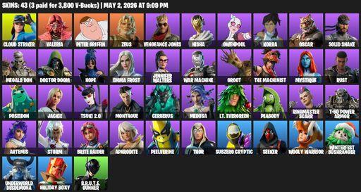 [PC/PSN/XBOX] | 43 skins | Cloud Striker | Valeria | Peter Griffin | Zeus | Vengeance Jones | Nisha | Gwenpool | Korra | Oscar | Solid Snake | Full Access