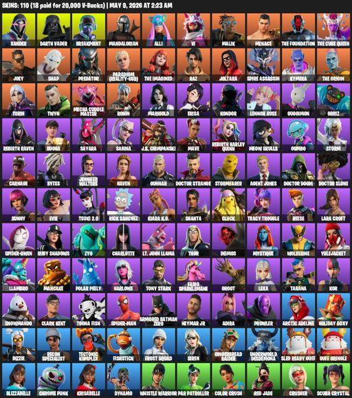 [PC] | 110 skins | 850 V-bucks | Lara Croft | Xander | Darth Vader | Breakpoint | Mandalorian | Alli | Vi | Malik | Menace | The Foundation | Full Access