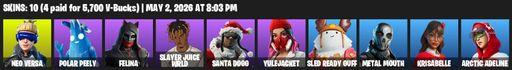 [PC/XBOX] | 10 skins | Neo Versa | Polar Peely | Felina | Slayer Juice WRLD | Santa Dogg | Yulejacket | Sled Ready Guff | Metal Mouth | Krisabelle | Full Access