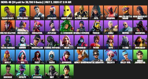 [PC/PSN/XBOX] | 45 skins | Travis Scott | Astro Jack | Midas | Catalyst | Agent Peely | Ultima Knight | Fate | Deadpool | Molten Battle Hound | Full Access