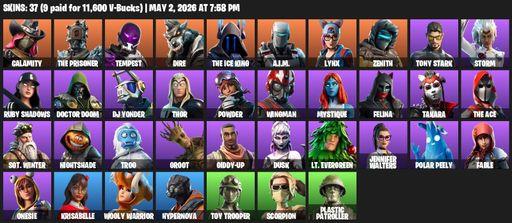[PC/XBOX] | 37 skins | 1300 V-bucks | Calamity | The Prisoner | Tempest | Dire | The Ice King | A.I.M. | Lynx | Zenith | Tony Stark | Storm | Full Access
