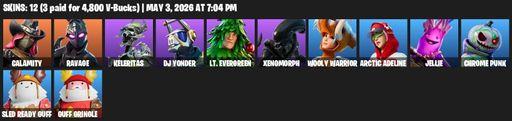 [PC/PSN/XBOX] | 12 skins | 550 V-bucks | Calamity | Ravage | Keleritas | DJ Yonder | Lt. Evergreen | Xenomorph | Wooly Warrior | Arctic Adeline | Full Access