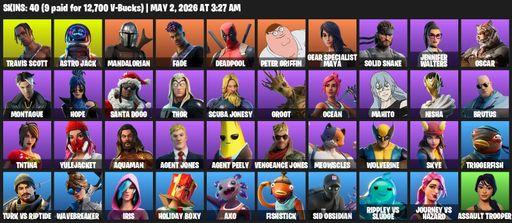[PC/PSN/XBOX] | 40 skins | Travis Scott | Astro Jack | Mandalorian | Fade | Deadpool | Peter Griffin | Gear Specialist Maya | Solid Snake | Full Access