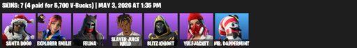 [PC/XBOX] | 7 skins | Santa Dogg | Explorer Emilie | Felina | Slayer Juice WRLD | Blitz Knight | Yulejacket | Mr. Dappermint | Ember Pick | Full Access
