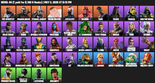 [PC/PSN] | 44 skins | The Scientist | Mandalorian | Eternal Knight | Peter Griffin | Catalyst | Valeria | Fade | Felina | Y0ND3R | Doctor Doom | Full Access
