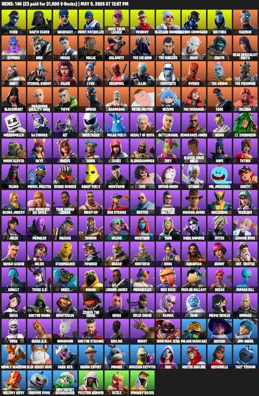 [PC/XBOX] | 146 skins | OG STW | Omega | Reaper Axe | Fixer | Darth Vader | Warpaint | Point Patroller | Rose Team Leader | Prodigy | Blizzard Bomber | Full Access