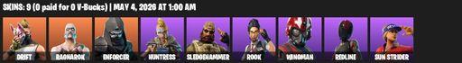 [PC/PSN/XBOX] | 9 skins | Drift | Ragnarok | Enforcer | Huntress | Sledgehammer | Rook | Wingman | Redline | Sun Strider | Rift Edge | Permafrost | Full Access