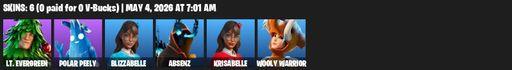 [PC/PSN/XBOX] | 6 skins | 1800 V-bucks | Lt. Evergreen | Polar Peely | Blizzabelle | Absenz | Krisabelle | Wooly Warrior | Blade of the Waning Moon | Full Access