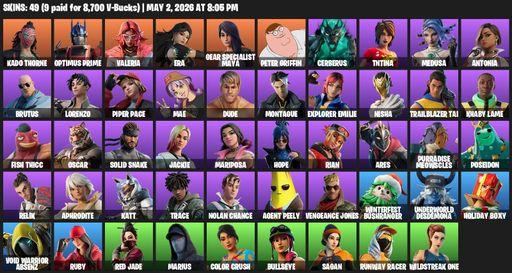[PC/PSN/XBOX] | 49 skins | Kado Thorne | Optimus Prime | Valeria | Era | Gear Specialist Maya | Peter Griffin | Cerberus | TNTina | Medusa | Antonia | Full Access