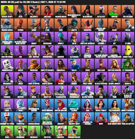 [PC] | 96 skins | Travis Scott | Fate | Calamity | Joltara | Mandalorian | Gear Specialist Maya | Blackheart | Catalyst | Hunter | The Ice King | Full Access