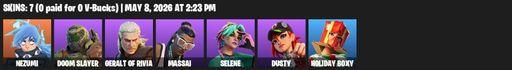 [PC/PSN] | 7 skins | 1050 V-bucks | Nezumi | Doom Slayer | Geralt of Rivia | Massai | Selene | Dusty | Holiday Boxy | Witcher's Steel Sword | Full Access