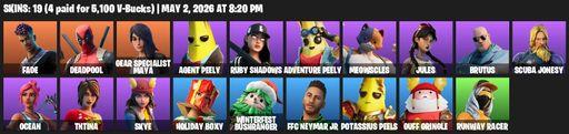 [PC/PSN/XBOX] | 19 skins | 750 V-bucks | Fade | Deadpool | Gear Specialist Maya | Agent Peely | Ruby Shadows | Adventure Peely | Meowscles | Jules | Full Access