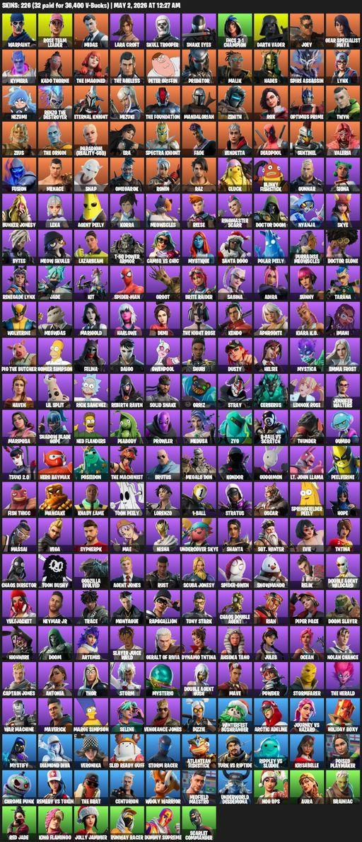 [PC/PSN/XBOX] | 226 skins | OG STW | Lara Croft | Warpaint | Rose Team Leader | Midas | Skull Trooper  | Snake Eyes | FNCS 3:1 Champion | Darth Vader | Full Access