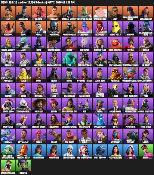 [PC/PSN] | 102 skins | 1350 V-bucks | Lara Croft | Raz | Omegarok | Valeria | Menace | Eternal Knight | Spectra Knight | Peter Griffin | Joey | Full Access