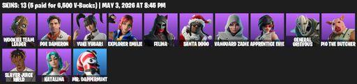 [PC/PSN/XBOX] | 13 skins | Wookiee Team Leader | Poe Dameron | Yuki Yubari | Explorer Emilie | Felina | Santa Dogg | Vanguard Zadie | Apprentice Evie | Full Access