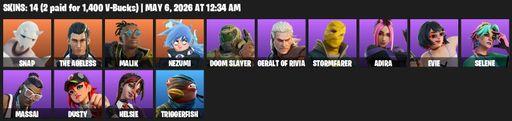 [PC/PSN] | 14 skins | Snap | The Ageless | Malik | Nezumi | Doom Slayer | Geralt of Rivia | Stormfarer | Adira | Evie | Selene | Massai | Dusty | Full Access