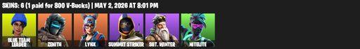 [PC/PSN/XBOX] | 6 skins | 900 V-bucks | Blue Team Leader | Zenith | Lynx | Summit Striker | Sgt. Winter | Nitelite | Scratchmark | Scorcher | Full Access