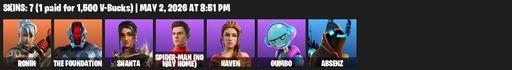 [PC/PSN/XBOX] | 7 skins | Ronin | The Foundation | Shanta | Spider-Man (No Way Home) | Haven | Gumbo | Absenz | No Way Homerun Hitter | Full Access