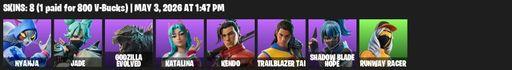 [PC/PSN/XBOX] | 8 skins | Nyanja | Jade | Godzilla Evolved | Katalina | Kendo | Trailblazer Tai | Shadow Blade Hope | Runway Racer | Hadean Key | Full Access