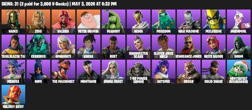 [PC/PSN] | 31 skins | Hades | Zeus | Valeria | Peter Griffin | Peabody | Nisha | Poseidon | War Machine | Peelverine | Gwenpool | Trailblazer Tai | Full Access
