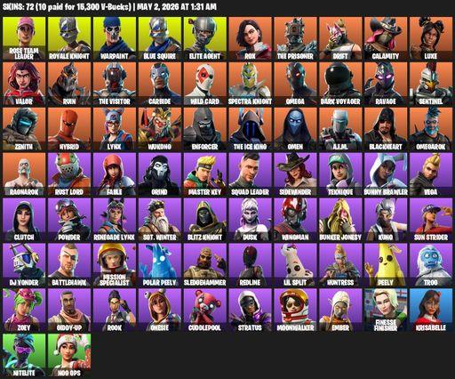 [PC/PSN/XBOX] | 72 skins | 1350 V-bucks | Take The L | OG STW | Royale Knight | Elite Agent | Blue Squire | Omega | Rose Team Leader | Warpaint | Rox | Full Access