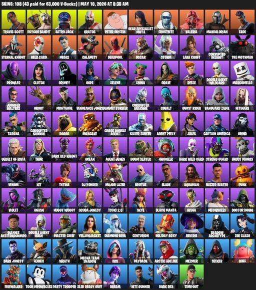 [PC/PSN] | 108 skins | Leviathan Axe | Travis Scott | Lara Croft | Psycho Bandit | Astro Jack | Kratos | Peter Griffin | Gear Specialist Maya | Full Access