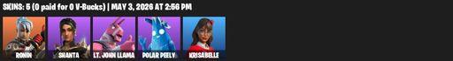 [PC/PSN/XBOX] | 5 skins | 750 V-bucks | Ronin | Shanta | Lt. John Llama | Polar Peely | Krisabelle | Blade of the Waning Moon | Bronzed Scimitars | Full Access