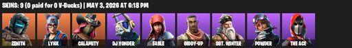 [PC/PSN/XBOX] | 9 skins | Zenith | Lynx | Calamity | DJ Yonder | Fable | Giddy-up | Sgt. Winter | Powder | The Ace | Reckoning | Scratchmark | Full Access