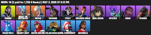 [PC/PSN] | 16 skins | Xander | Renzo the Destroyer | Mizuki | Highwire | Stray | Explorer Emilie | Eren Jaeger | Mystica | Imani | Thunder | Full Access