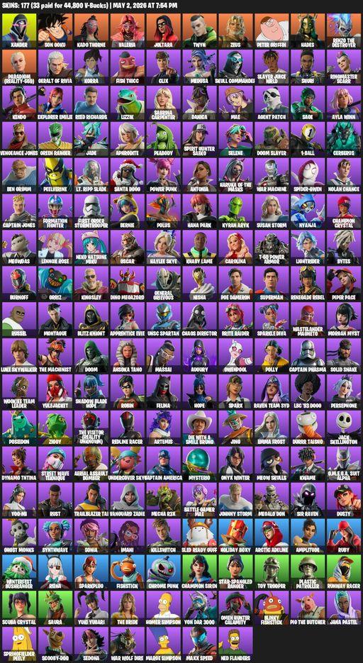 [PC] | 177 skins | Xander | Son Goku | Kado Thorne | Valeria | Joltara | Twyn | Zeus | Peter Griffin | Hades | Renzo the Destroyer | Full Access